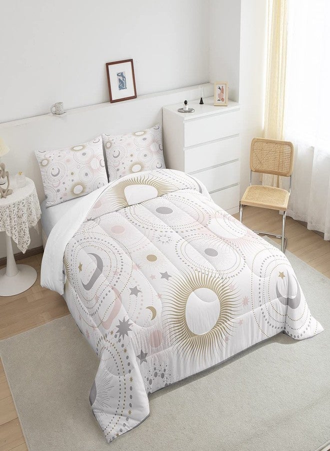 Homewish Stars and Moon Comforter Set Full Size,Pink Golden Grey Shiny Planets Bedding Comforters for Girls Teens,Romantic Galaxy Universe Polyester Quilt Set with 2 Pillowcases,Chic - Image 2
